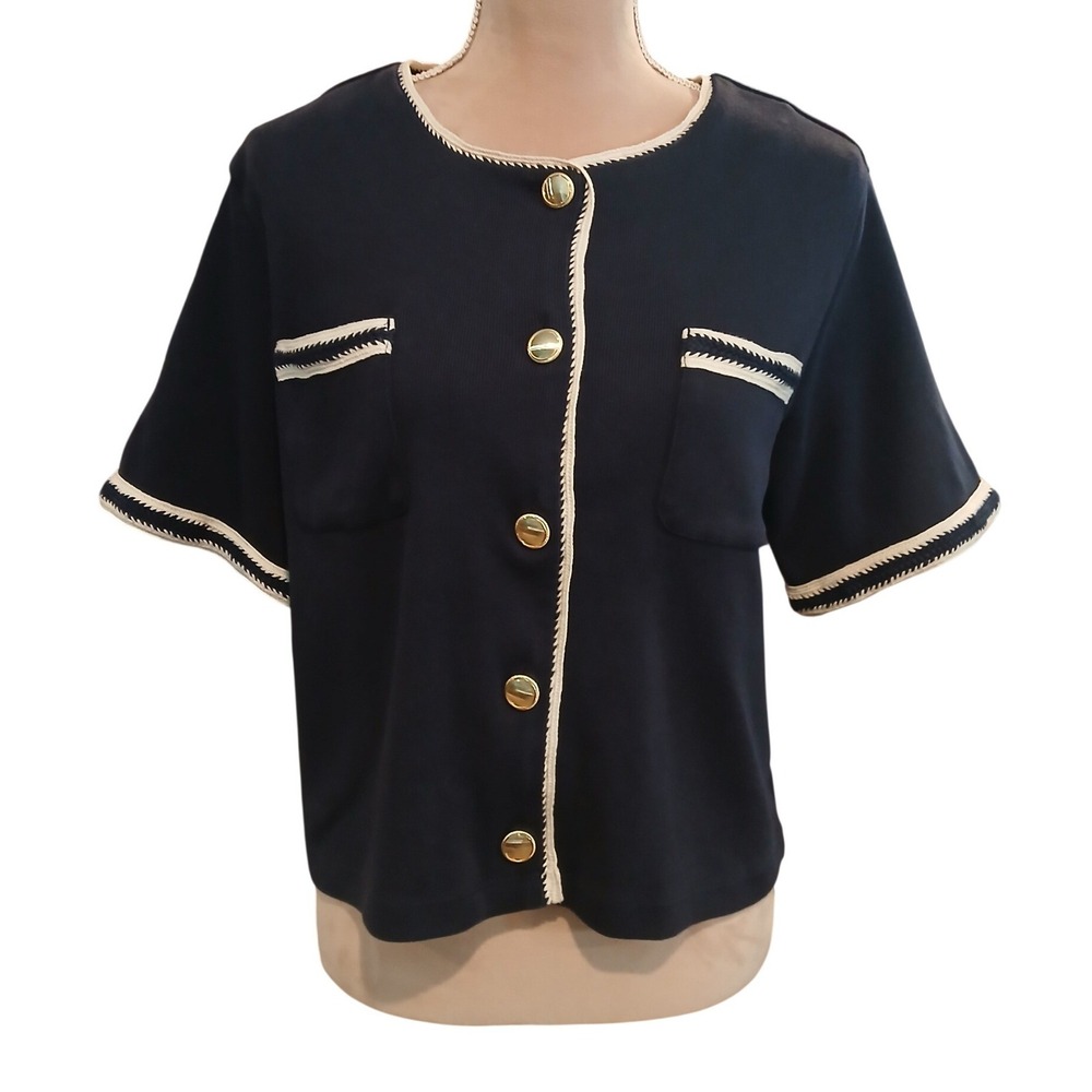 Ann Taylor Navy Blue Nautical Short Sleeve Cardigan Gold Buttons XL PetiteTop